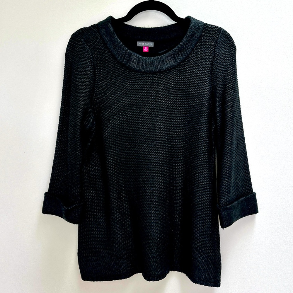 Vince Camuto Black Ballet Neck Roll Sleeve Sweater with Metallic Finish Size M